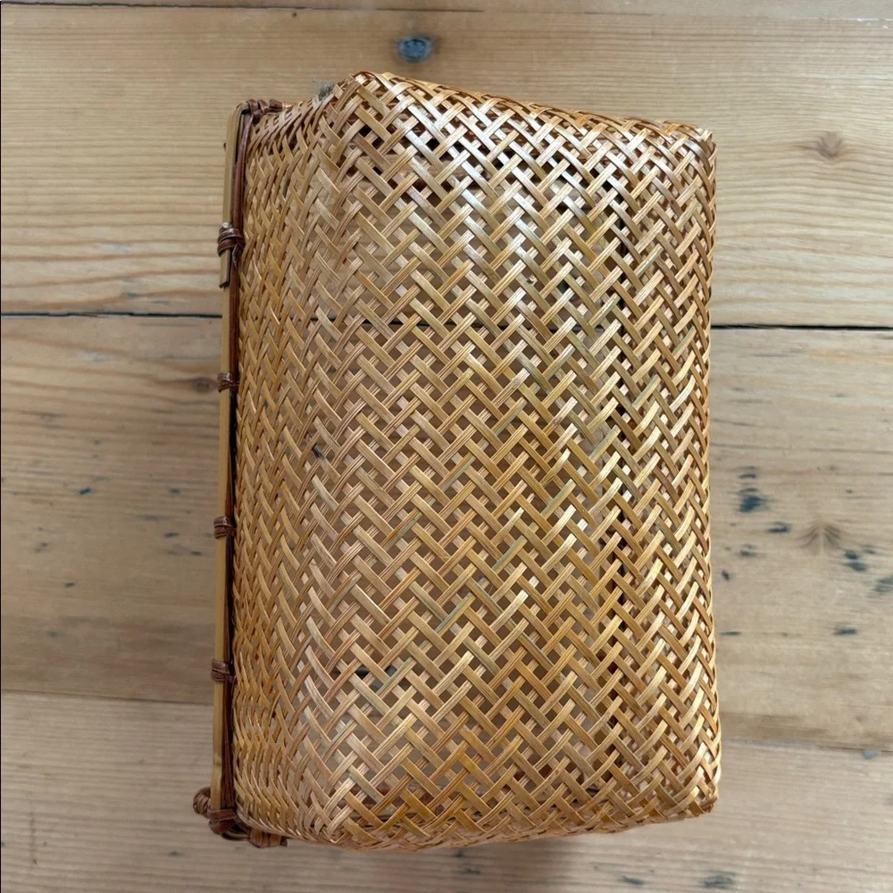 Handcrafted rectangular woven rattan/bamboo basket handles & latticework design